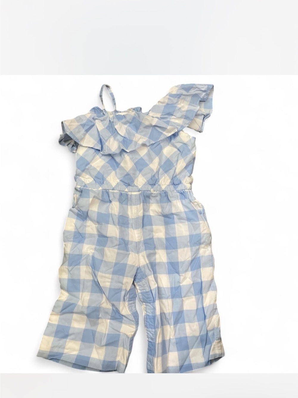 Janie and Jack Blue and White Gingham One-Shoulder Romper